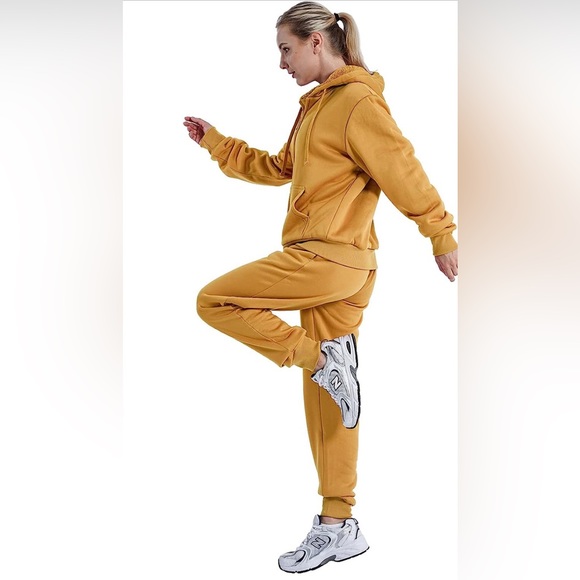 2 Piece Tracksuit Sherpa Fleece Lined Zip Up Hoodie & Joggers Mustard Yellow NEW - Picture 7 of 13